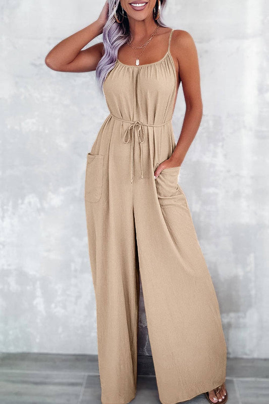 Apricot Spaghetti Straps Waist Tie Wide Leg Jumpsuit with Pockets: Apricot / 100%Polyester / XL