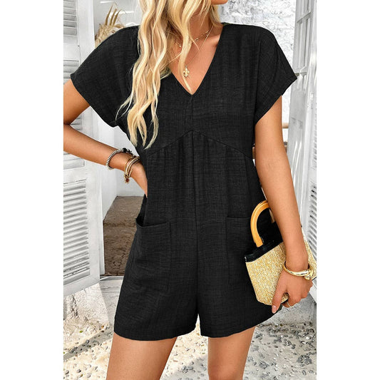 Solid Deep V Neck Drop Shoulder Loose Pockets Romper: BLACK / S