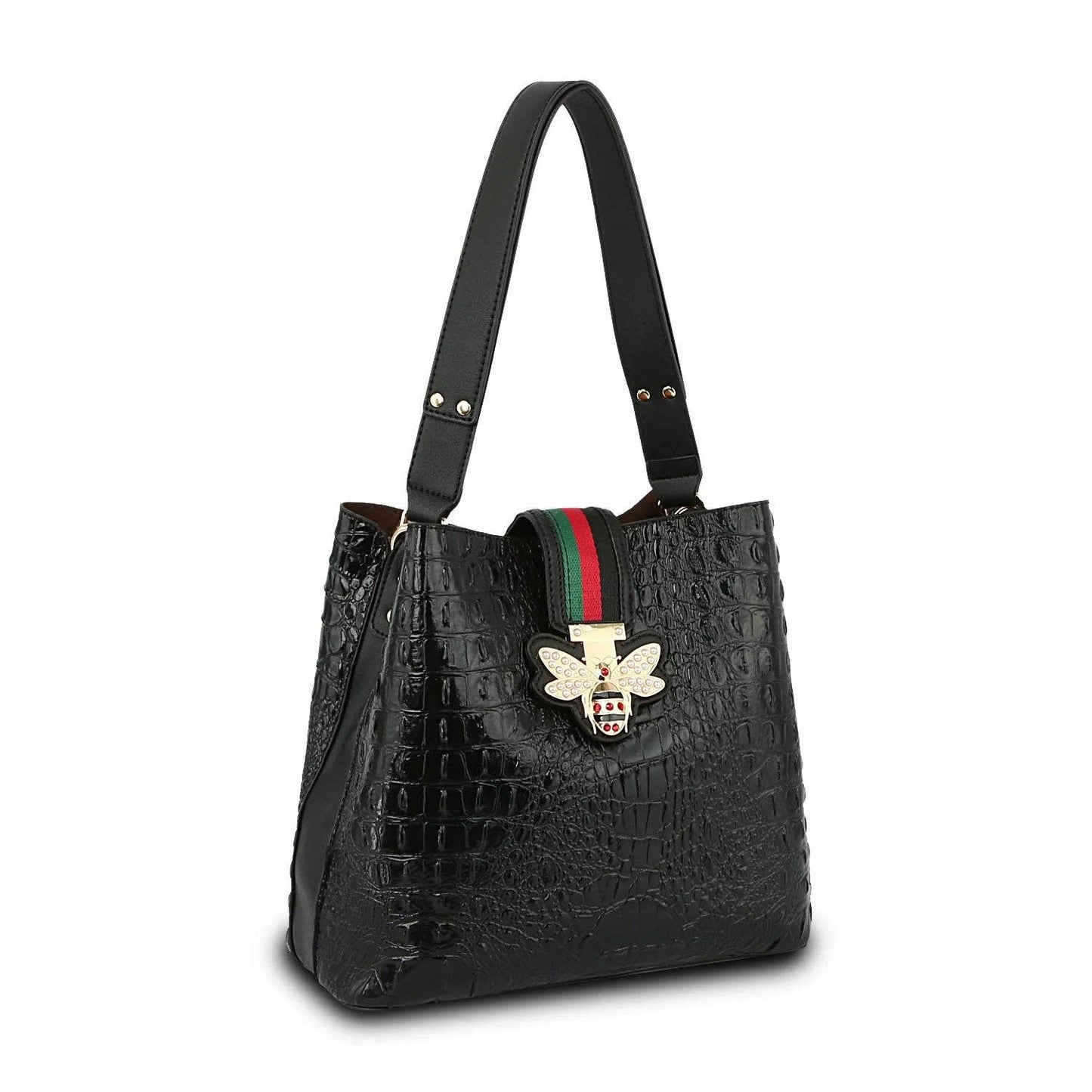 DS0673 FASHION CROCO BEE STRIPE HOBO HANDBAG: RED