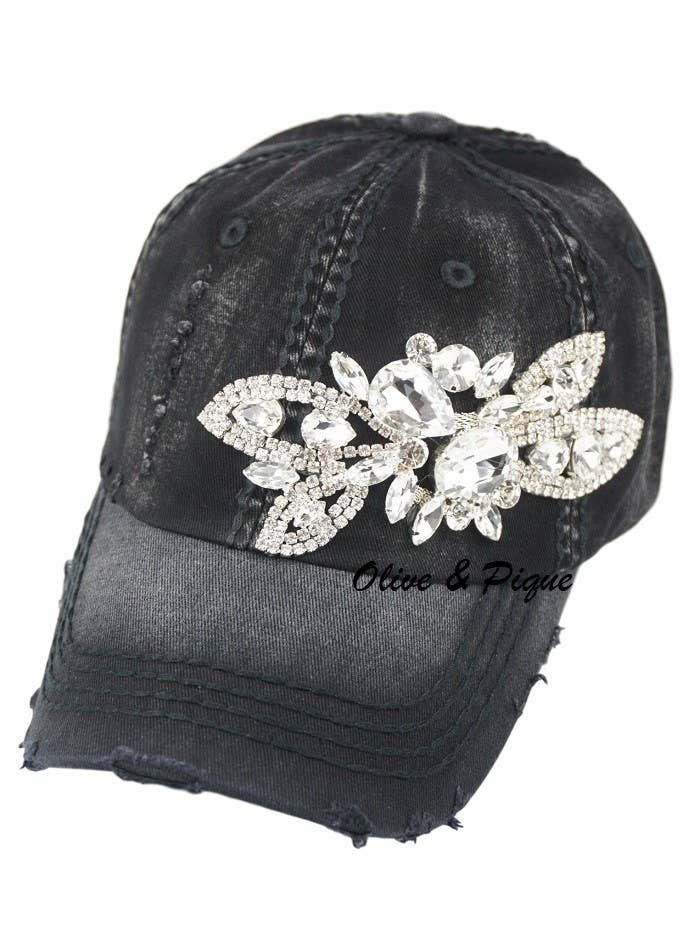 Floral Bejeweled Bling Glitz Cap, Adjustable: Black