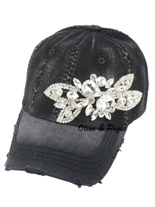 Floral Bejeweled Bling Glitz Cap, Adjustable: Black