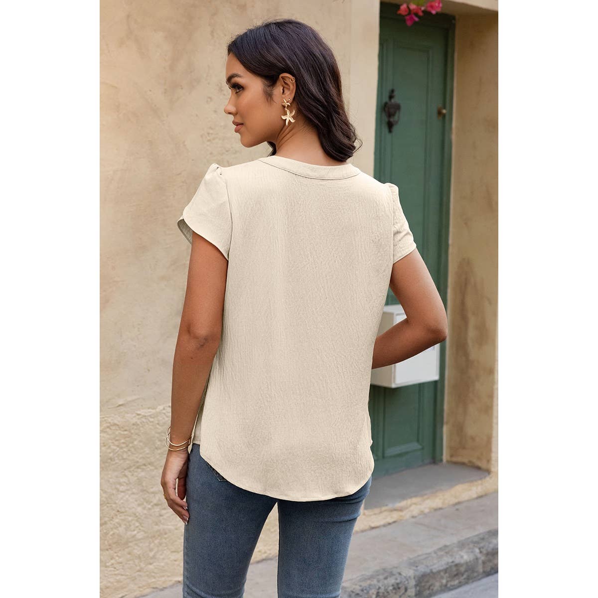 V Neck Puff Notched Short Sleeve Button Down Shirt: BEIGE / XL