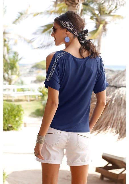 LASCANA Women's Cold Shoulder Print Top: White & Red / 12/14