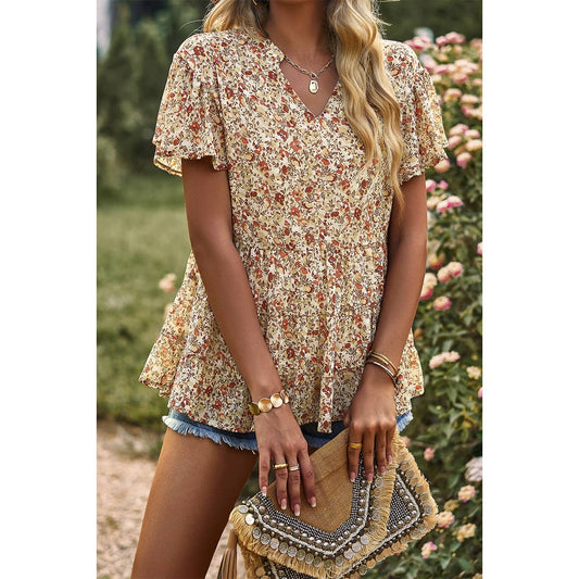 Floral Print Tie Neck Babydoll Blouse: APRICOT / XL