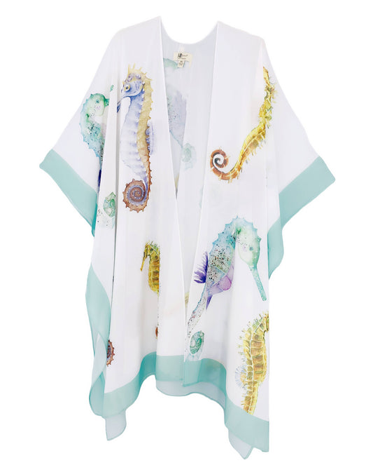 JC071011 White-Aqua Watercolor Seahorse Kimono