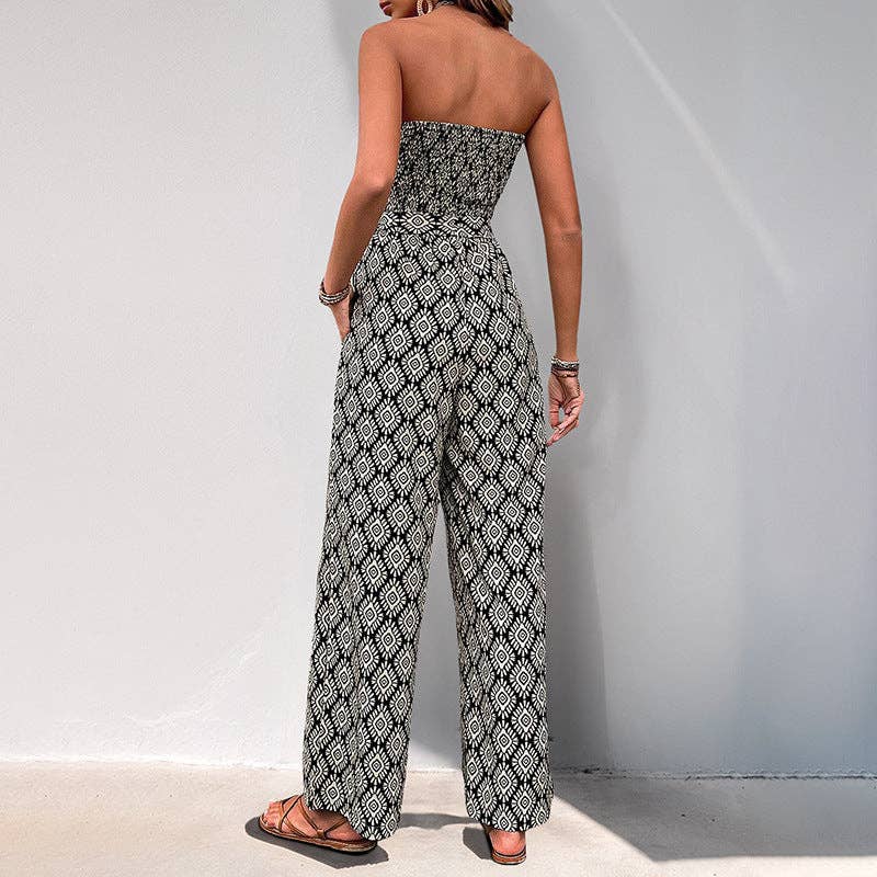Women's Bohemian Print Smocked Strapless Jumpsuit: Black / 100%Polyester / M