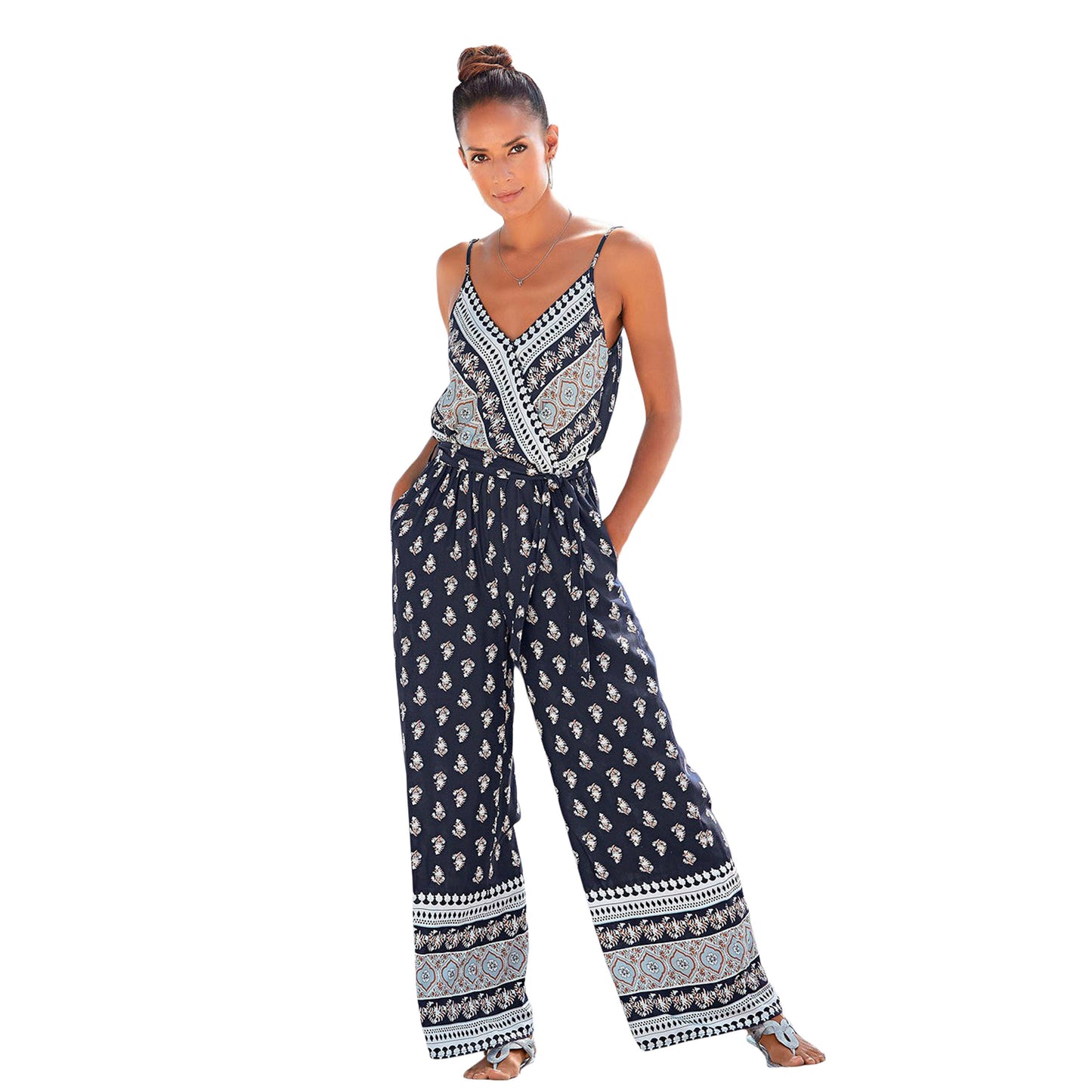 LASCANA Women's Patterned V-Neck Jumpsuit: Navy Printed / 4