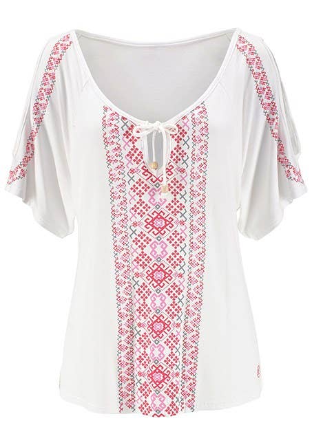 LASCANA Women's Cold Shoulder Print Top: White & Red / 0/2