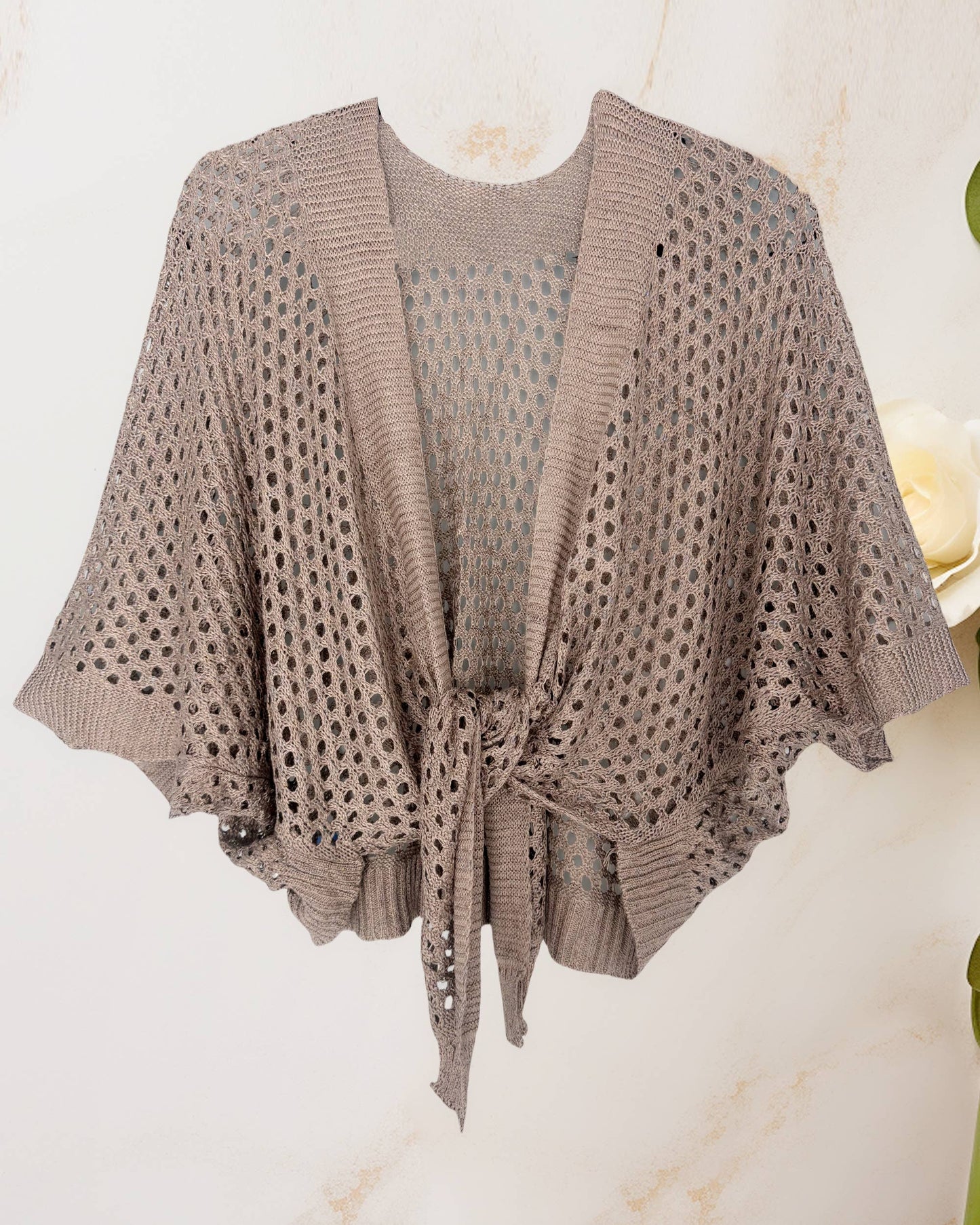 JC063344 Eyelet Open-Knit Metallic Cardigan with Front Tie: Mocha