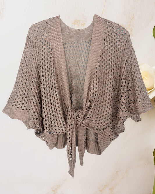 JC063344 Eyelet Open-Knit Metallic Cardigan with Front Tie: Mocha