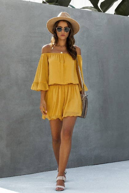Chiffon Off Shoulder Flare Sleeves Loose Fit Romper: YELLOW / M