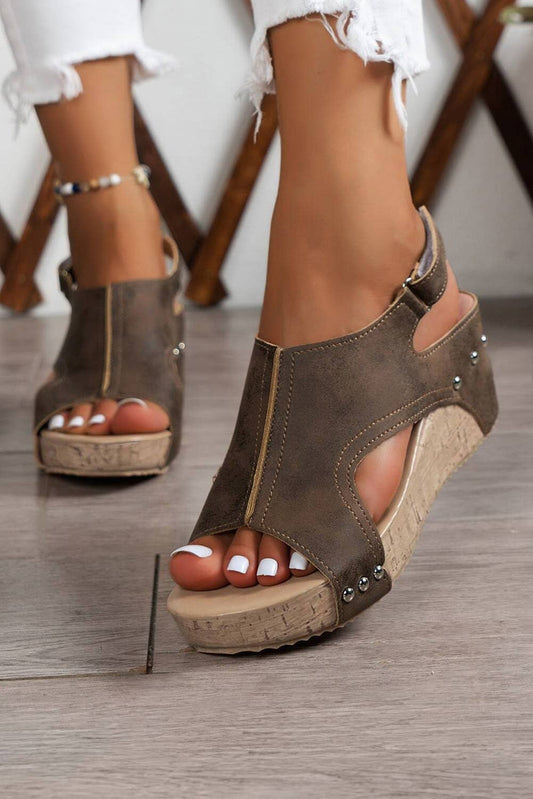 Suede Patched Studded Cut Out Wedge Sandals: Chestnut / (US 8.5)40