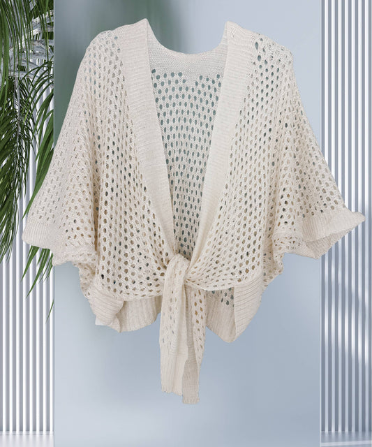 JC063344 Eyelet Open-Knit Metallic Cardigan with Front Tie: Beige