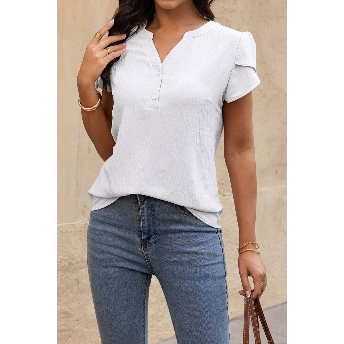V Neck Puff Notched Short Sleeve Button Down Shirt: BEIGE / XL