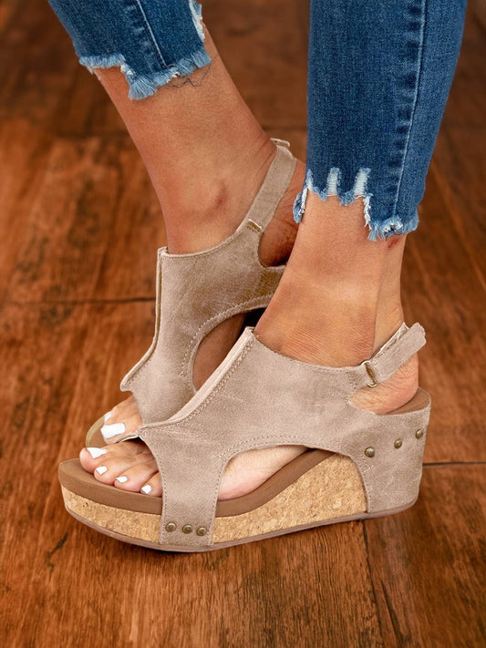 Vintage Leather Stitching Studded Wedge Sandals: Gray / (US 10)42