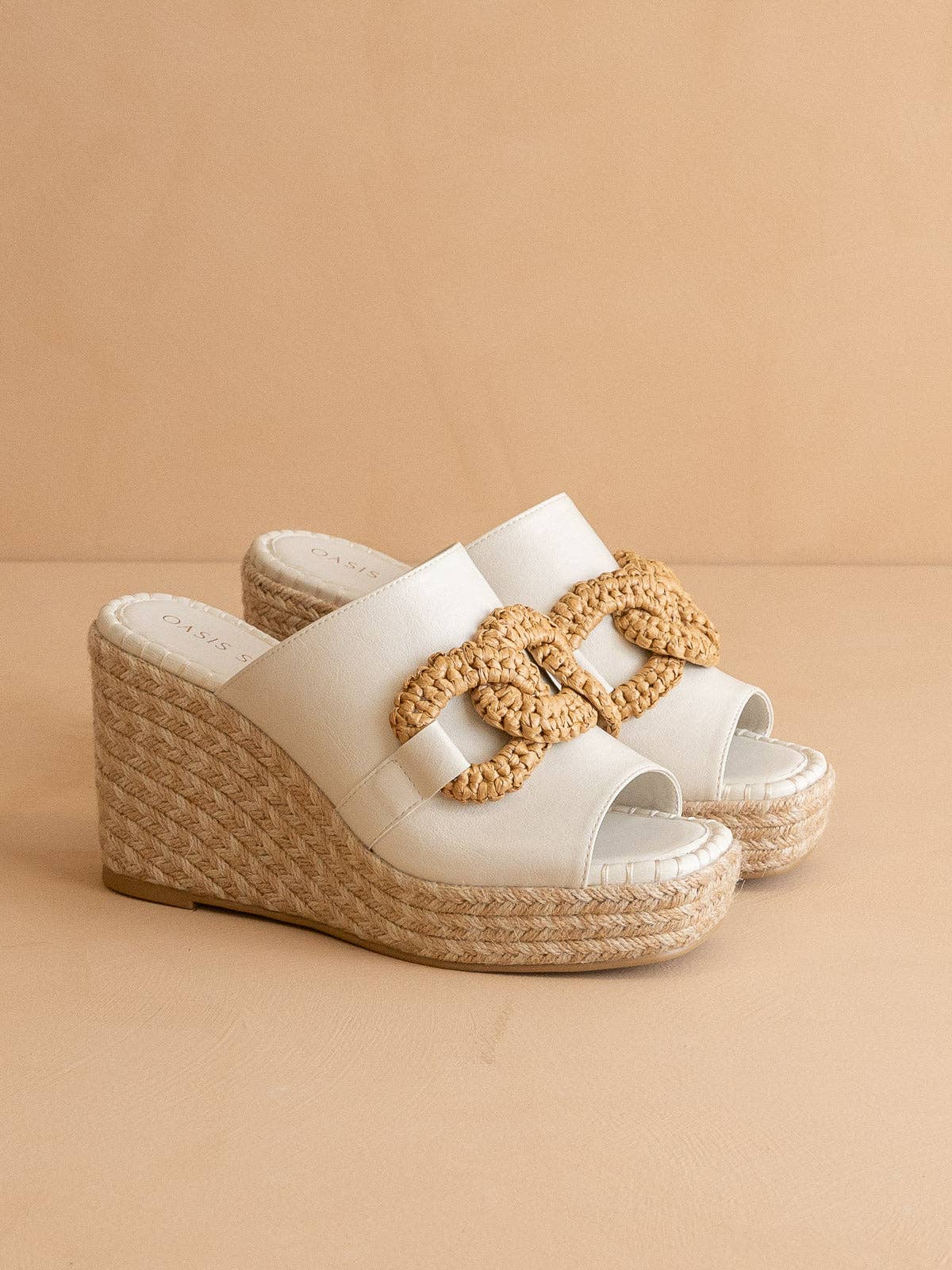 The Aime | White Wedge Slide with Raffia Detail: WHITE / 6