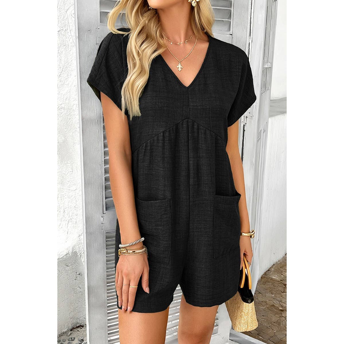 Solid Deep V Neck Drop Shoulder Loose Pockets Romper: BLACK / XL