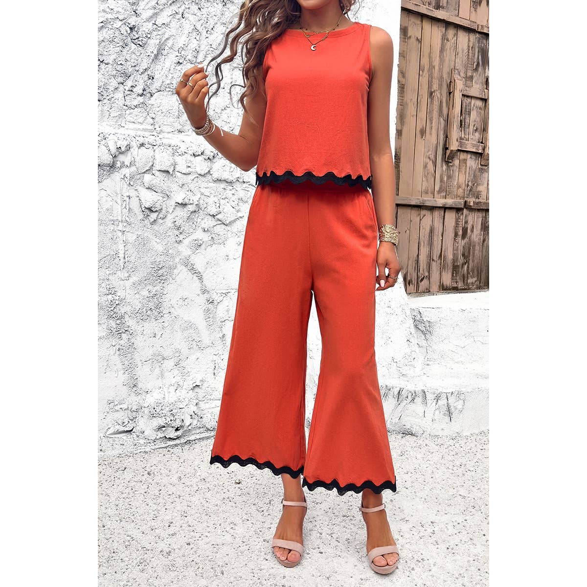 Two Pieces Printed Sleeveless Pockets Sets: BEIGE / L
