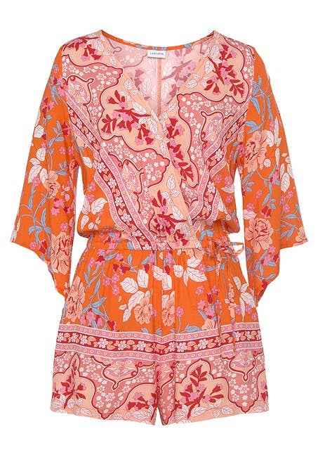 LASCANA Women's Floral Wrap Look Romper: Orange Multi / 6